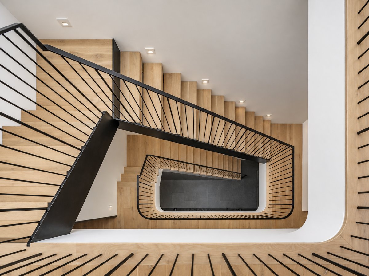 Stair seen from above, oak treads and steel rail